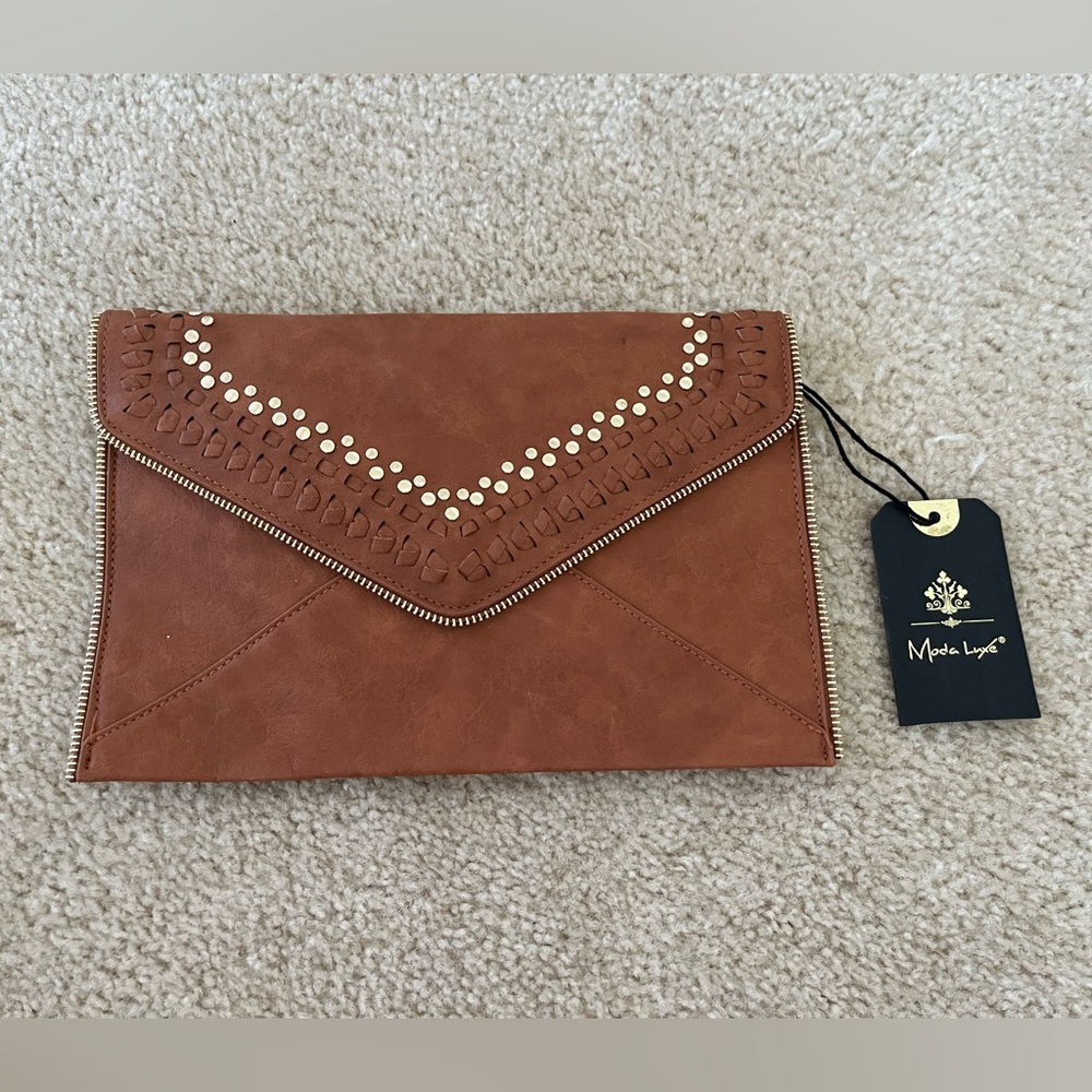 Moda Luxe Tan Studded Envelope Clutch